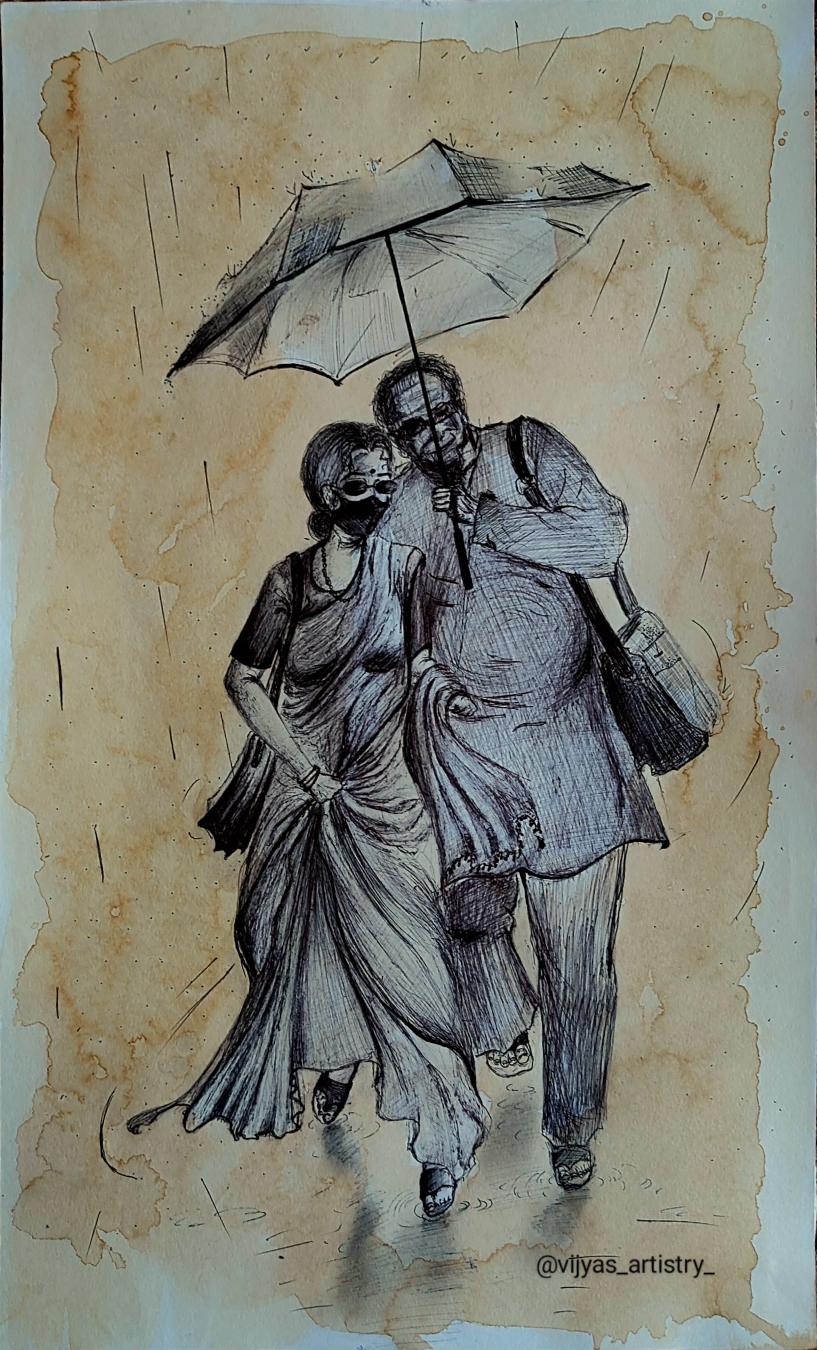 Couple in rain illustration